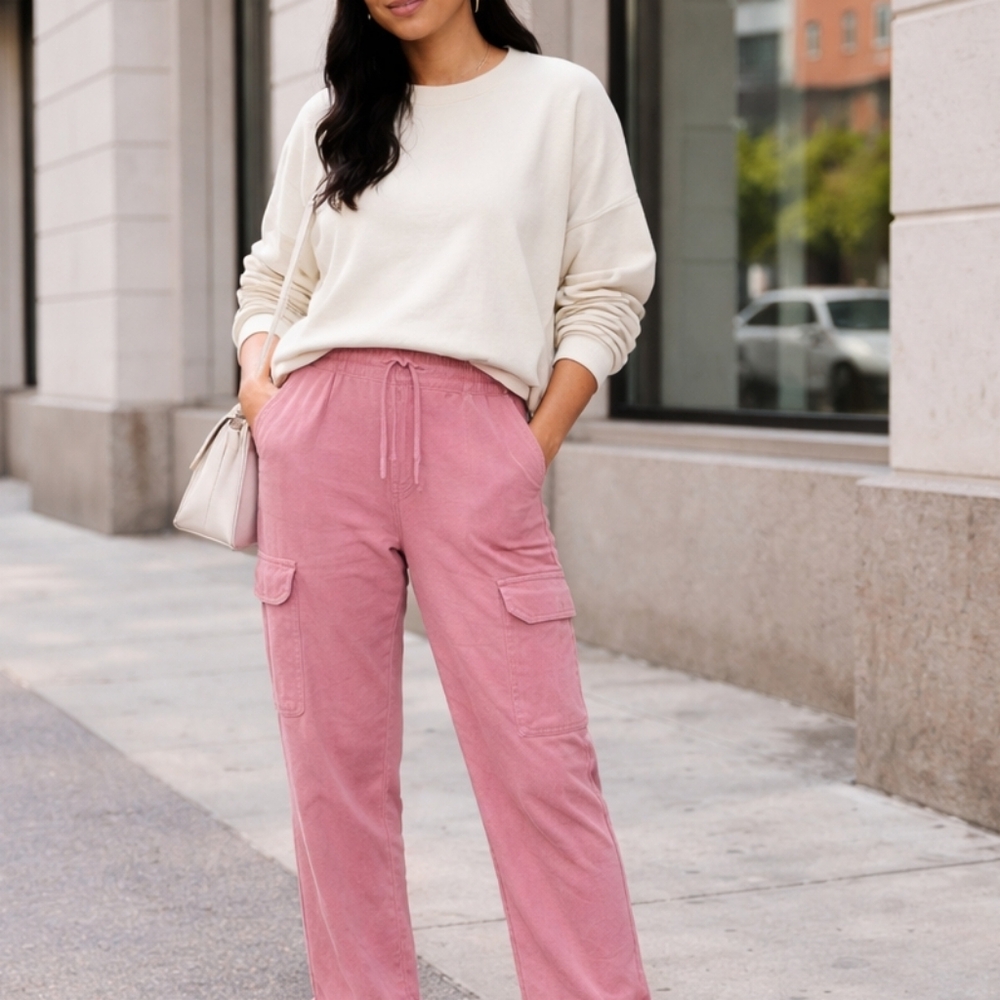 Hyba Cotton Blend Cargo Pants Pink Full Length Drawstring Waist Casual